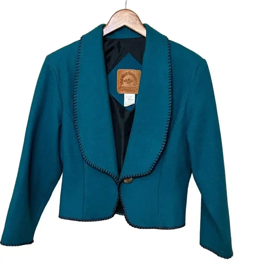 Mid-West Garment Co Size MED Wool Blend Teal Green Vintage Western Bolero Jacket
